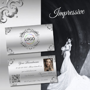 Luxury Silver Ornate Decor Logo Photo and QR Code Business Card