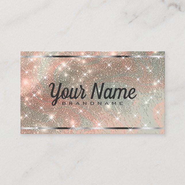 Luxury Silver Peach Marbled Glitter Shiny Stars Business Card (Front)