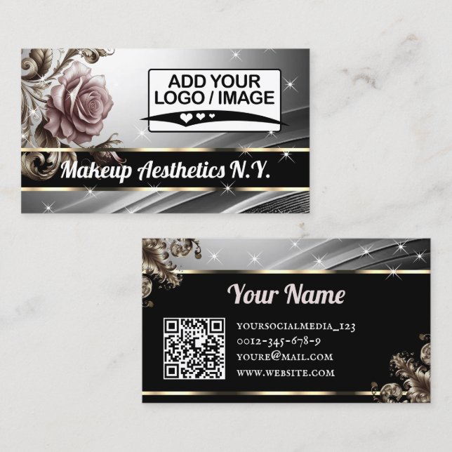Luxury Silver Pink Rose Glitter Stars QR Code Logo Business Card (Front/Back)