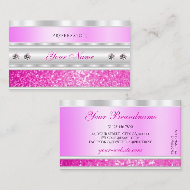 Luxury Silver Pink Sparkling Glitter with Diamonds Business Card (Front/Back)