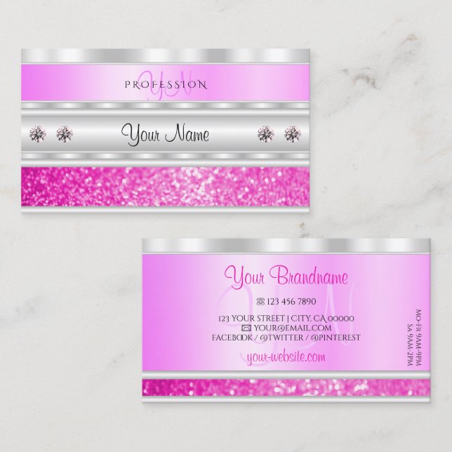 Luxury Silver Pink Sparkling Glitter with Monogram Business Card (Front/Back)