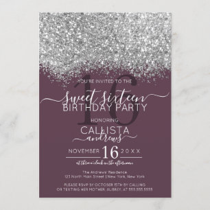 Luxury Silver Purple Glitter Confetti Sweet 16 Invitation