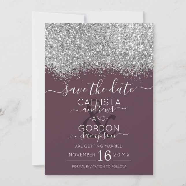 Luxury Silver Purple Glitter Confetti Wedding Save The Date (Front)