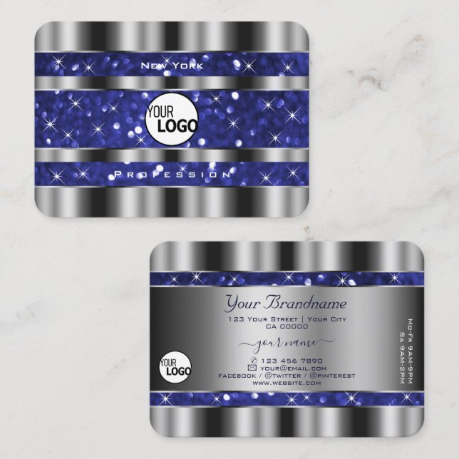 Luxury Silver Royal Blue Sparkle Glitter add Logo Business Card (Front/Back)