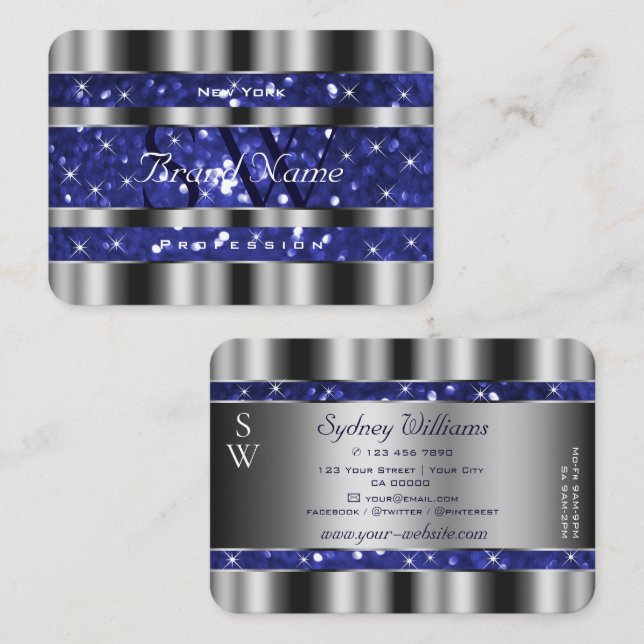 Luxury Silver Royal Blue Sparkle Glitter Monogram Business Card (Front/Back)