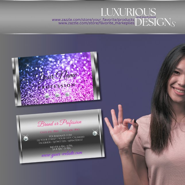 Luxury Silver Sparkle Pink Purple Glitter Diamonds Business Card (Creator Uploaded)