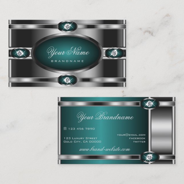 Luxury Silver Teal Gradient Luminous Faux Diamonds Business Card (Front/Back)
