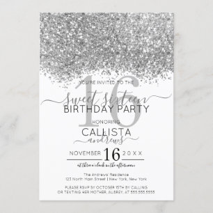 Luxury Silver White Glitter Confetti Sweet 16 Invitation