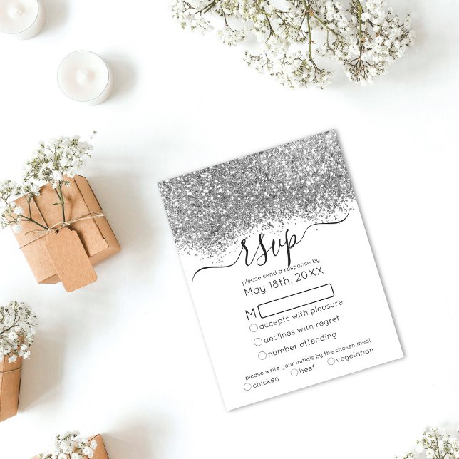 Luxury Silver White Glitter Confetti Wedding RSVP Card (Creator Uploaded)