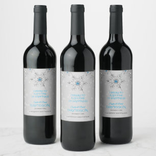 Luxury Snowflakes Crystals Silver Pearls Wedding Wine Label