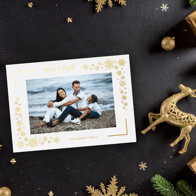 Luxury Snowflakes Minimalist Photo Family Frame Foil Holiday Card (Creator Uploaded)