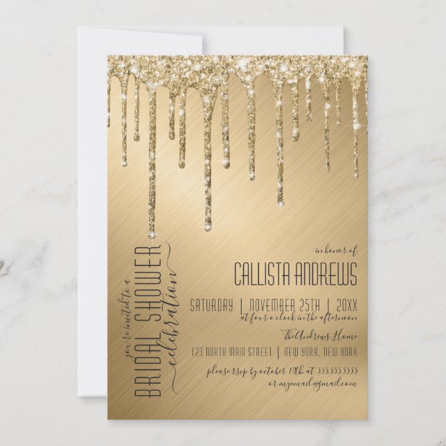 Luxury Sparkly Gold Glitter Drips Bridal Shower Invitation (Front)