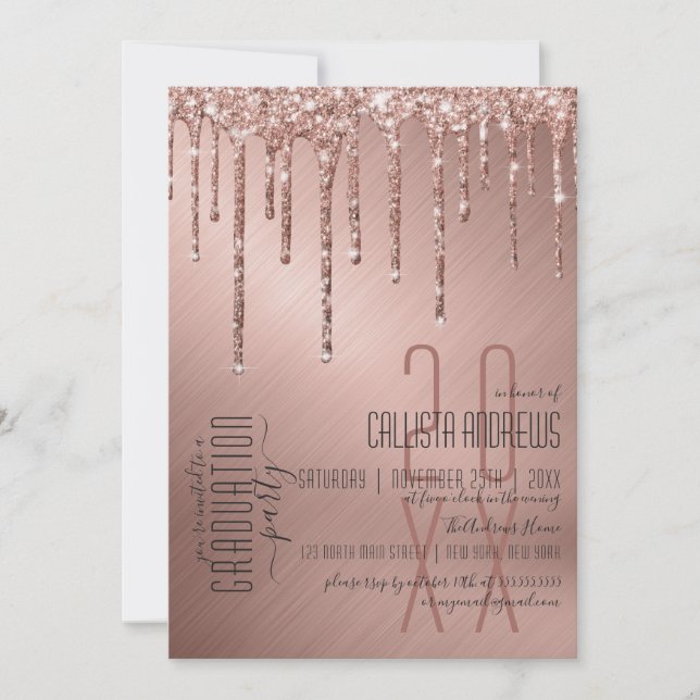 Luxury Sparkly Rose Gold Glitter Drips Graduation Invitation (Front)