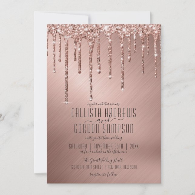 Luxury Sparkly Rose Gold Glitter Drips Wedding Invitation (Front)
