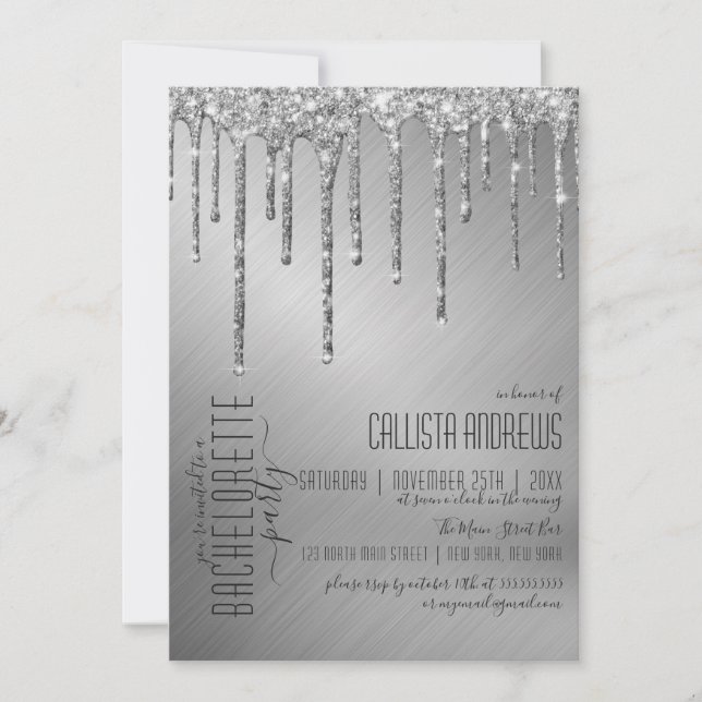 Luxury Sparkly Silver Glitter Drips Bachelorette Invitation (Front)