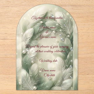 Luxury sphere green feather & Diamonds Wedding Inv Acrylic Invitations