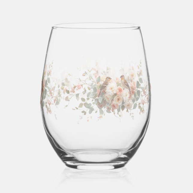 Luxury Spring Wildflower bird Rose Garden Seamless Stemless Wine Glass (Back)