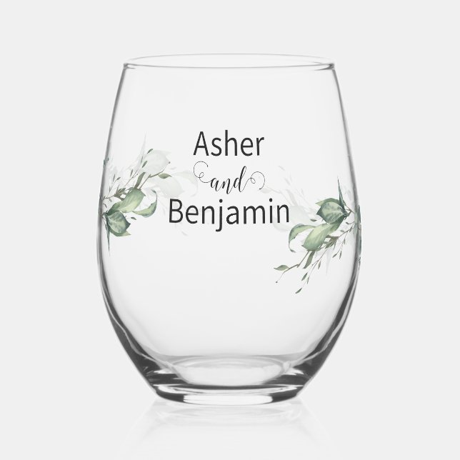 Luxury Spring Wildflower Ivy Rose Garden wedding Stemless Wine Glass (Left)