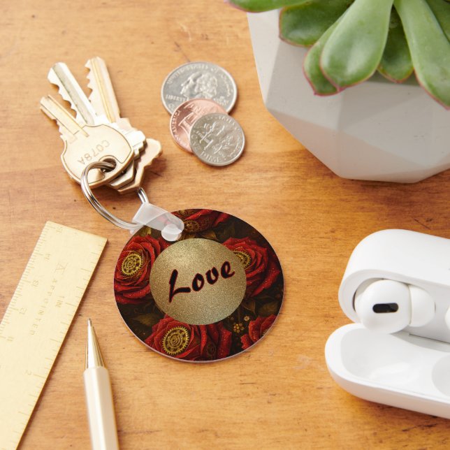 Luxury Steampunk Roses Romantic Gold Gears Keychain (Desk)