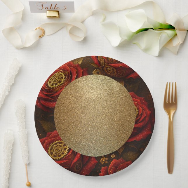 Luxury Steampunk Roses Romantic Gold Gears Paper Plate (Wedding)