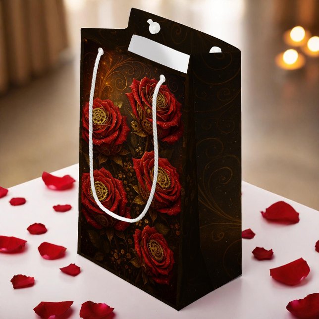 Luxury Steampunk Roses Romantic Gold Gears Small Gift Bag (Creator Uploaded)