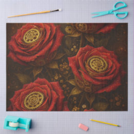 Luxury Steampunk Roses Romantic Gold Gears Tissue Paper