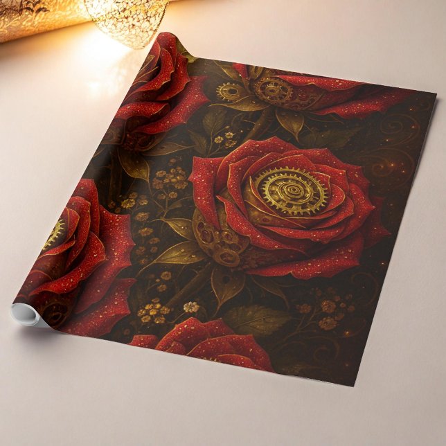 Luxury Steampunk Roses Romantic Gold Gears Wrapping Paper (Creator Uploaded)