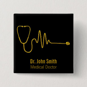 Luxury Stethoscope ECG Wave EKG Line Gold Medical 2 Inch Square Button