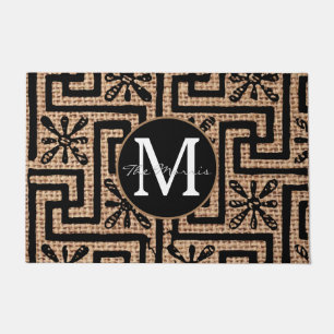 Luxury stylish brown and black monogram burlap doormat