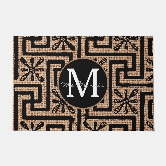 Luxury stylish brown and black monogram burlap doormat (Front)