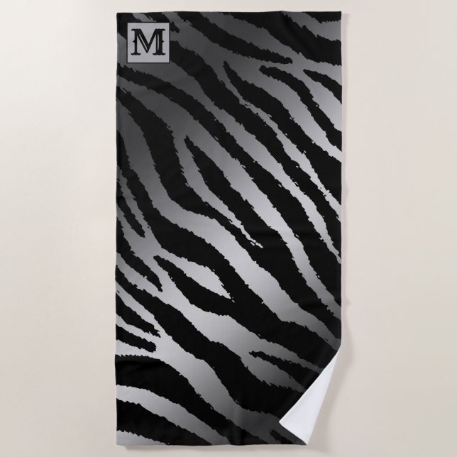 Luxury Summer Time Monogrammed Tiger Silver Beach Towel (Front)