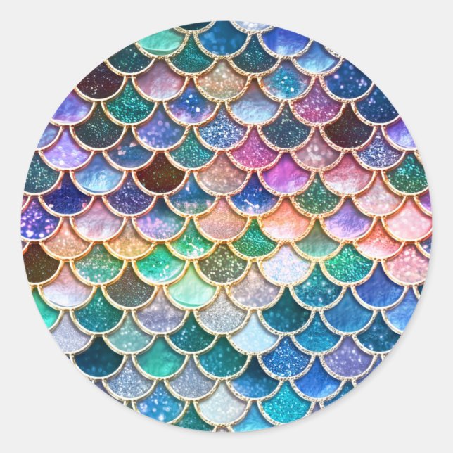 Luxury summerly multicolor Glitter Mermaid Scales Classic Round Sticker (Front)