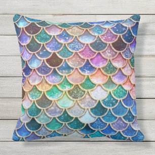 Luxury summerly multicolor Glitter Mermaid Scales Outdoor Pillow