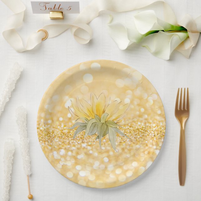Luxury Sunflower Gold Glitter Wedding  Paper Plate (Wedding)