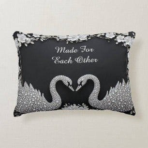 Luxury Swan Couple With Crystal Floral Details Accent Pillow