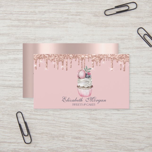 Luxury Sweets Cupcake Macaroon Rose Gold Drips  Business Card (Front/Back In Situ)