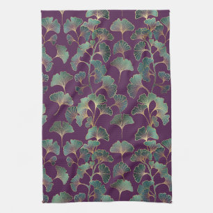 Luxury Tael Ginkgo Leaves on Deep Purple Kitchen Towel