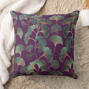 Luxury Tael Ginkgo Leaves on Deep Purple Throw Pillow
