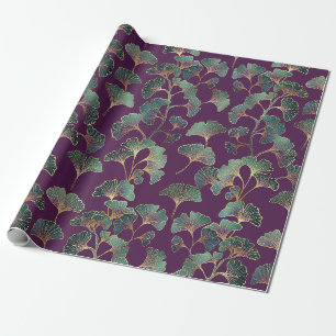 Luxury Tael Ginkgo Leaves on Deep Purple Wrapping Paper