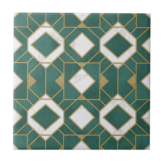Luxury Teal and Gold Art Deco Geometric Seamless Tile (Front)