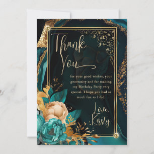 Luxury Teal and Gold Floral Agate Birthday Party Thank You Card