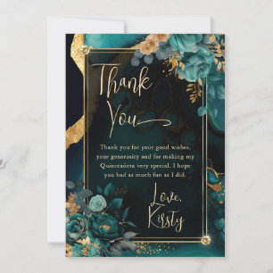 Luxury Teal and Gold Floral Agate Quinceanera Thank You Card