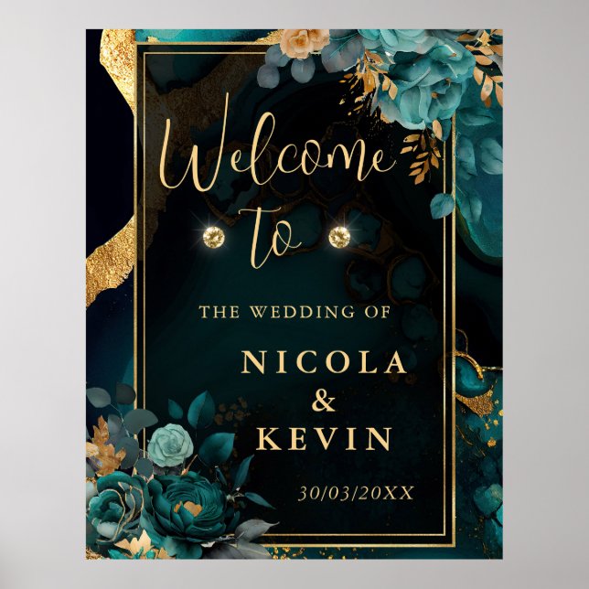 Luxury Teal and Gold Floral Agate Wedding Welcome Poster (Front)