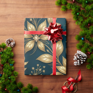 Luxury Teal Blue and Champagne Gold Botanical Seam Wrapping Paper