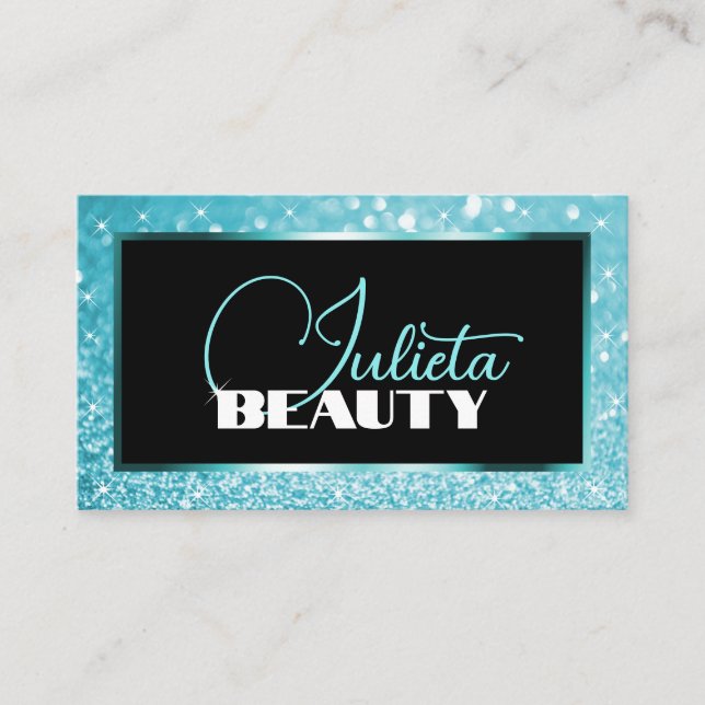 Luxury Teal Blue Sparkle Glitter Photo Template Business Card (Front)