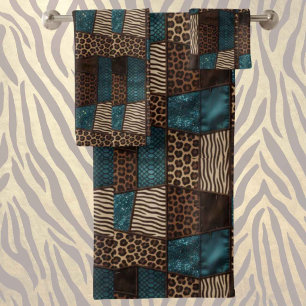 Luxury Teal Glitter African Animal Print Towel Set