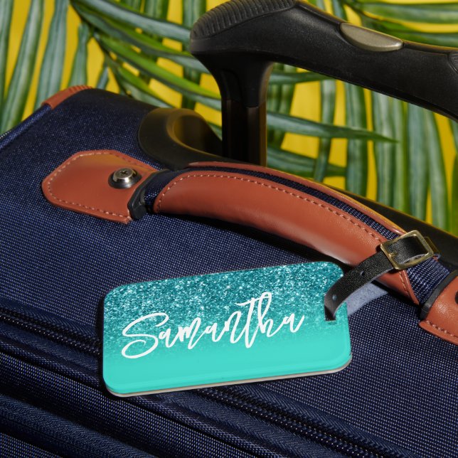 Luxury Teal Glitter Turquoise Ombre Personalized Luggage Tag (Front Insitu 3)