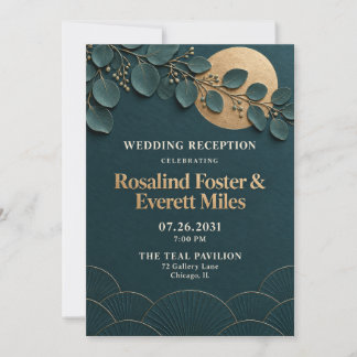 Luxury Teal Gold 3D Botanical Wedding Reception In Invitation