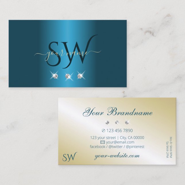 Luxury Teal Gold Beige Sparkling Diamonds Monogram Business Card (Front/Back)