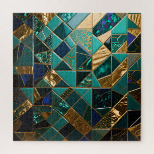 Luxury Teal Gold Geometric Mosaic Pattern Jigsaw Puzzle